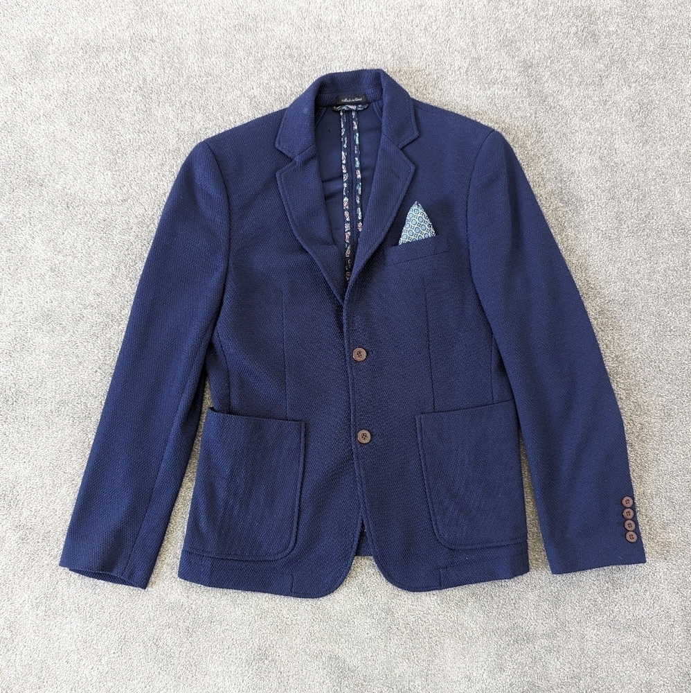 Gianni Feraud Men's Woven Knit Blazer Size 38 Pockets Sport Coat Navy Blue